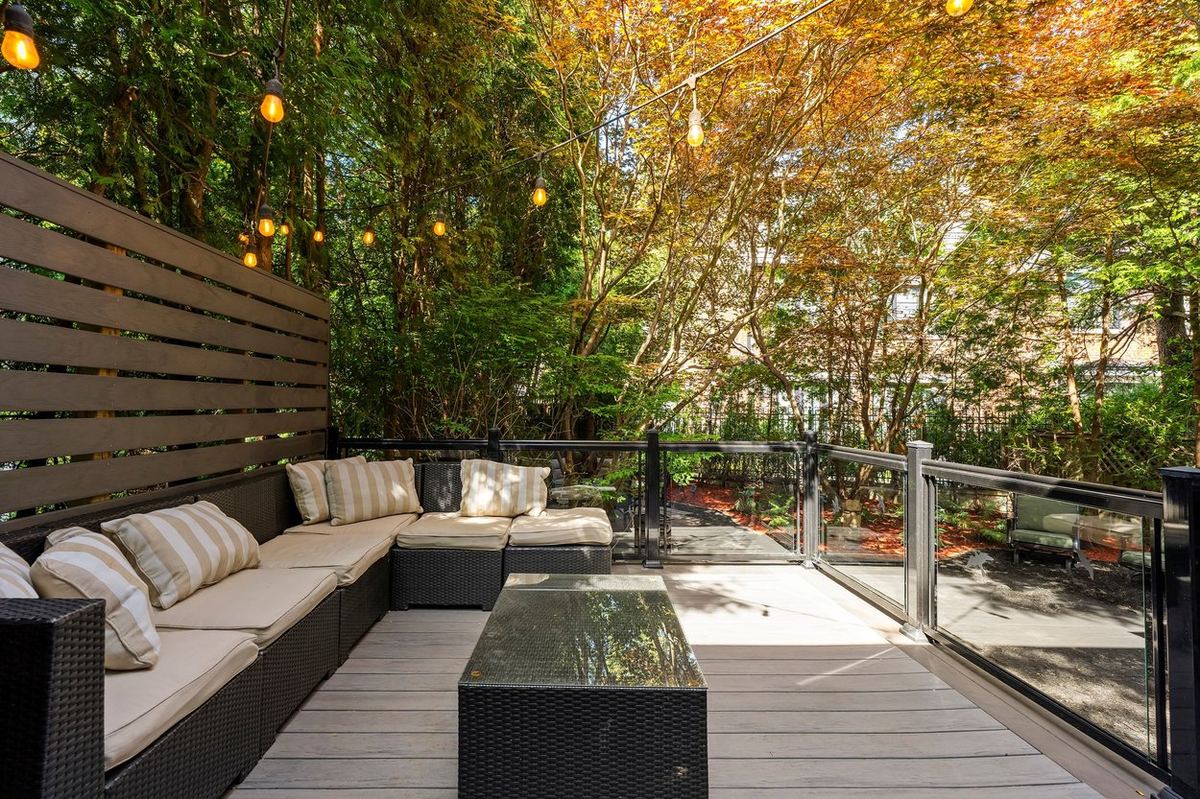 The raised deck above the landscaped garden